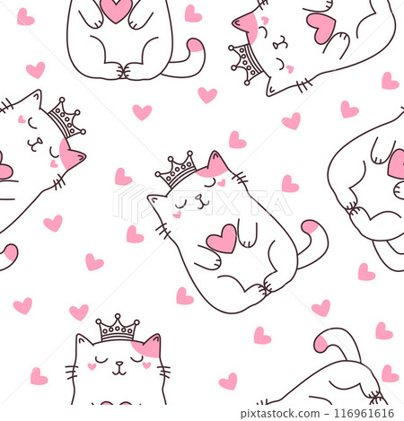 Seamless Pattern of Cute Cat Wearing Crown with Pink Love Decoration 116961616
