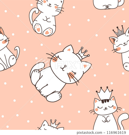 Seamless Pattern of Cute Cat Wearing Crown with Polka Dots Decoration on Brown Background 116961619