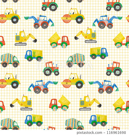 Beautiful childish seamless pattern with hand drawn watercolor kid's toys illustrations. Construction equipment concrete mixer dump truck excavator tractor. 116961698