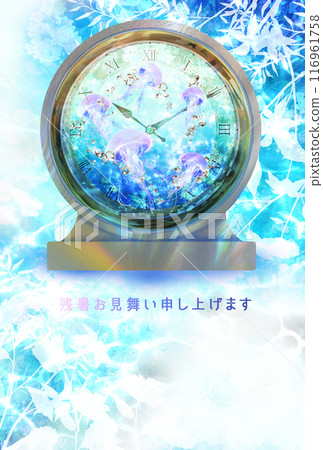 A late-summer greeting card featuring a clock with swimming jellyfish A late-summer greeting card featuring a clock with swimming jellyfish 116961758