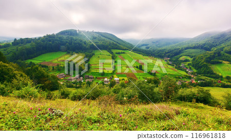 mountainous countryside landscape in autumn. grassy meadow on a hill. village in the distant valley. rural scenery. rainy weather with cloudy sky. carpathian suburb of ukraine mountainous countryside landscape in autumn. grassy meadow on a hill. village in the distant valley. rural scenery. rainy weather with cloudy sky. carpathian suburb of ukraine 116961818