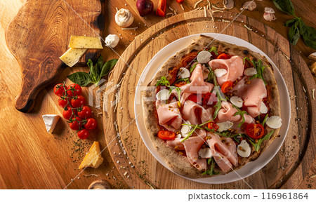 Pizza with mortadella Pizza with mortadella 116961864