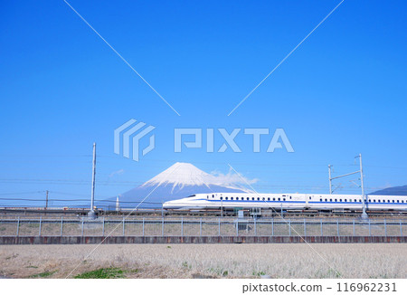 Shinkansen, Mt. Fuji and blue winter sky Shinkansen, Mt. Fuji and blue winter sky 116962231