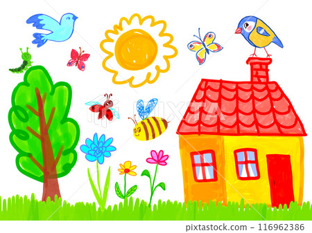 Child drawing of summer landscape with house Child drawing of summer landscape with house 116962386