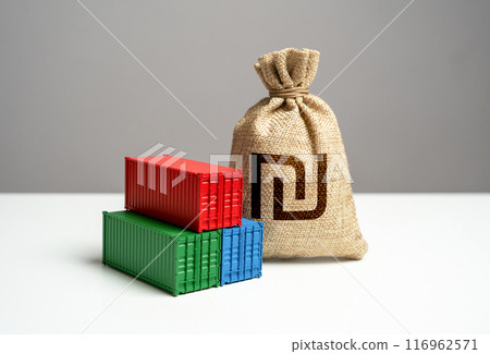 Money bag Israeli shekels and sea containers transporting goods. Import or export. Trade, economics and transport industry. Tariffs and tax collections. GDP and production. Production of containers. Money bag Israeli shekels and sea containers transporting goods. Import or export. Trade, economics and transport industry. Tariffs and tax collections. GDP and production. Production of containers. 116962571