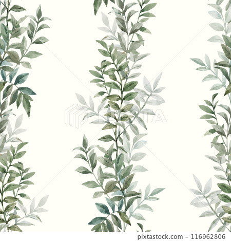 Seamless pattern with watercolor leaves and flowers. Mural. A delicate vertical wreath of plants and flowers. 116962806
