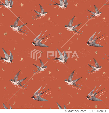Beautiful seamless pattern with hand drawn watercolor swallows. Martin birds. Stock illustration. Beautiful seamless pattern with hand drawn watercolor swallows. Martin birds. Stock illustration. 116962811