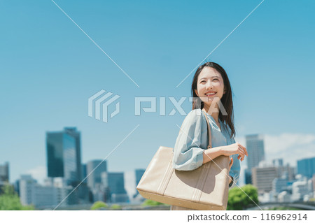 藍天和建築背景下的女商人 116962914