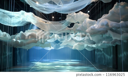 An ethereal runway with translucent fabric layers mimicking clouds, enhanced by dreamy, soft lighting. 116963025