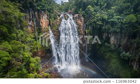 A majestic waterfall cascades down cliffs, surrounded by lush greenery. A vibrant rainbow adds magic. 116963042