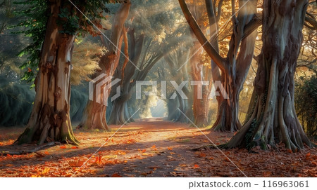 A serene forest where sunlight filters through ancient trees, illuminating a path of vibrant fallen leaves. A serene forest where sunlight filters through ancient trees, illuminating a path of vibrant fallen leaves. 116963061