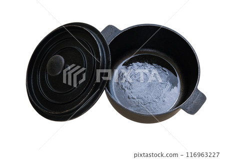 Black pot. Cast iron used saucepan with open lid isolated on white background. Used kitchen equipment. Black pot. Cast iron used saucepan with open lid isolated on white background. Used kitchen equipment. 116963227