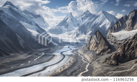 A breathtaking glacial valley with a winding ice river between snow-capped peaks under a clear sky. 116963256