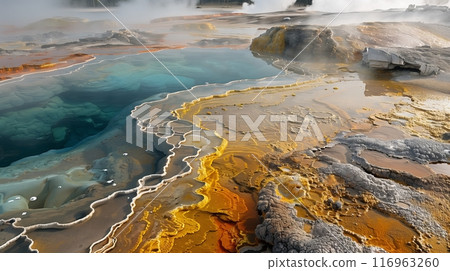 A geothermal landscape with hot springs, vibrant minerals, and geysers showcases Earths power and beauty. 116963260