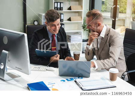 Male colleague caucasian, meeting design ideas concept business planning at office. 116963450