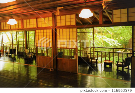 Retro Japanese house and chairs, summer garden 116963579