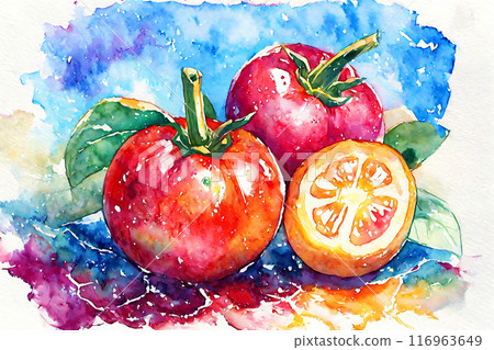 Two tomatoes and citrus fruits in watercolor style 116963649