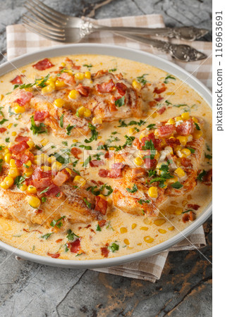Creamy Chicken Corn and bacon closeup on the plate. Vertical 116963691