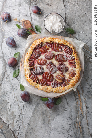 Homemade plum galette cake with almonds and powdered sugar close-up on a wooden board. Vertical top view 116963695