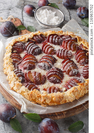 Homemade plum galette cake with almonds and powdered sugar close-up on a wooden board. Vertical 116963702