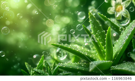 Vibrant Explosion of Aloe Vera Leaves With Dewdrops on Lush Green Background. Generative AI 116963846