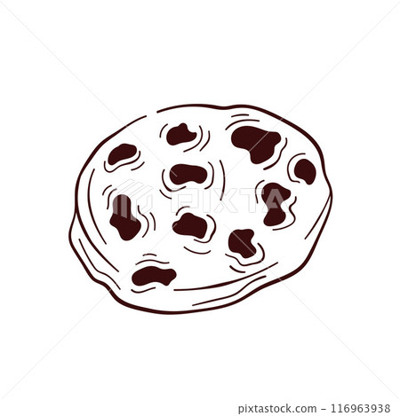 Chocolate chip cookie in line art style. Crunch homemade biscuit design for bakery. Vector illustration isolated on a white background. Chocolate chip cookie in line art style. Crunch homemade biscuit design for bakery. Vector illustration isolated on a white background. 116963938
