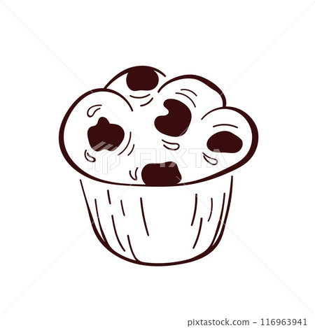 Muffin with chocolate in line art style. Design of sweet baked cupcake for pastry shop, bakery. Vector illustration isolated on a white background. Muffin with chocolate in line art style. Design of sweet baked cupcake for pastry shop, bakery. Vector illustration isolated on a white background. 116963941