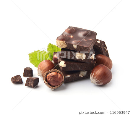 Chocolate with nuts on white backgrounds Chocolate with nuts on white backgrounds 116963947