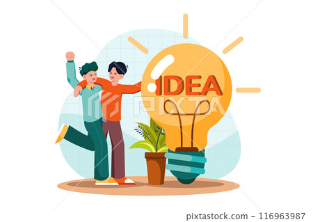 Two guys came up with an idea by pointing at a big light bulb 116963987