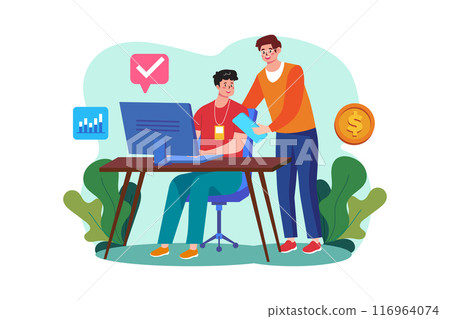 Male employees chatting with each other Male employees chatting with each other 116964074