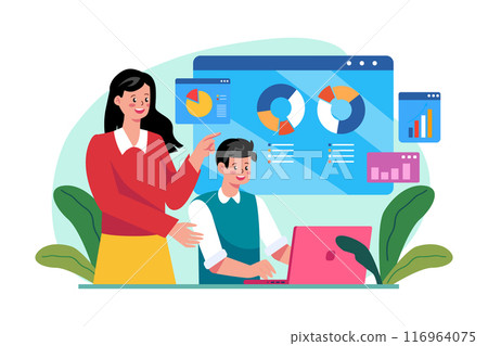 Business head and staff analyzing business growth graph Business head and staff analyzing business growth graph 116964075