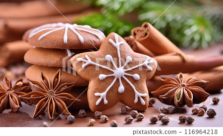 Gingerbread cookies and spices close up 116964218