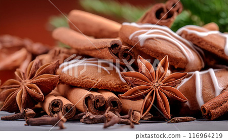Gingerbread cookies and spices close up Gingerbread cookies and spices close up 116964219
