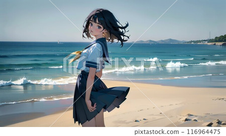 站在海灘上的高中女孩 116964475