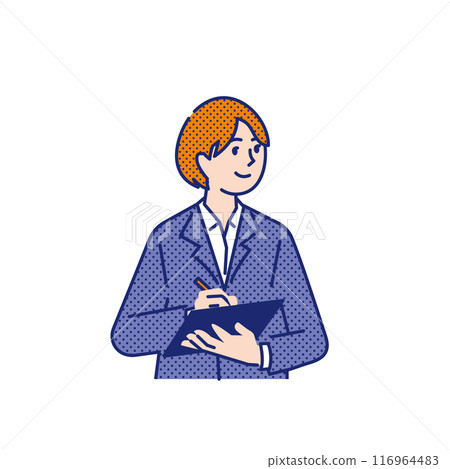 一位穿著西裝的女士在活頁夾的文件上寫著什麼 116964483