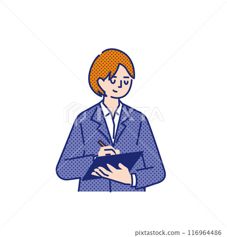 一個穿著西裝的女人手上在活頁夾裡寫著什麼 一個穿著西裝的女人手上在活頁夾裡寫著什麼 116964486