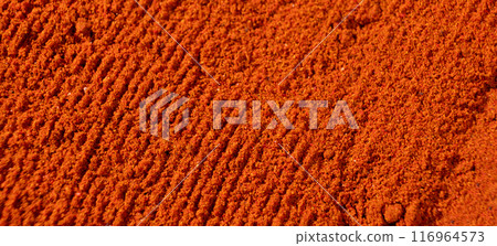 Abstract terracotta striped banner background of scattered paprika Abstract terracotta striped banner background of scattered paprika 116964573