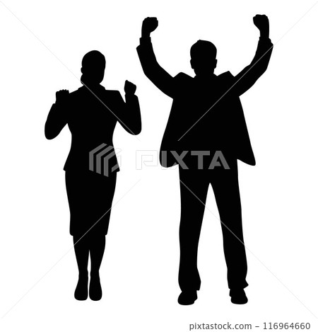 Business man and woman celebrating, people cheering carefree and excited silhouette Business man and woman celebrating, people cheering carefree and excited silhouette 116964660