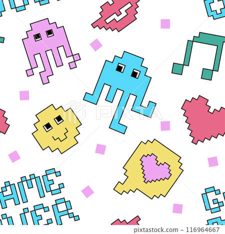 Pixel Y2k retro seamless pattern. 90s trendy playful pixel art. 8bit aesthetics vector illustration. Simple geometric form, smile, lips, heart. Funny colored badge isolated on white. Pixel Y2k retro seamless pattern. 90s trendy playful pixel art. 8bit aesthetics vector illustration. Simple geometric form, smile, lips, heart. Funny colored badge isolated on white. 116964667