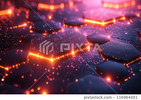 Purple background with orange hexagons. The squares are lit up and appear to be glowing. The image has a futuristic and technological feel to it 116964881
