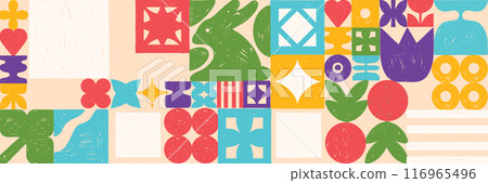 Geometric hand drawn pattern, vector abstract colorful pencil texture tile poster, floral shapes. Geometric hand drawn pattern, vector abstract colorful pencil texture tile poster, floral shapes. 116965496