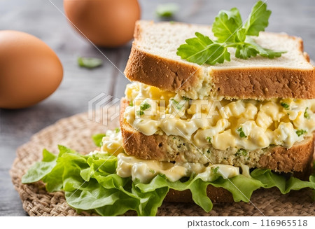Simple and delicious egg salad sandwich combines creamy egg salad with wholesome bread, offering a nutritious, energy-boosting meal that's both satisfying and easy to prepare. AI Generated 116965518