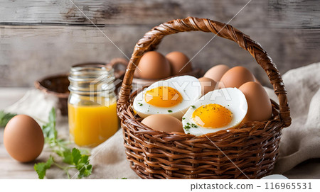 Boiled and soft-boiled eggs arranged in a woven basket. This nutritious breakfast provides a healthy start to the day, boosting energy and promoting wellness. AI Generated Boiled and soft-boiled eggs arranged in a woven basket. This nutritious breakfast provides a healthy start to the day, boosting energy and promoting wellness. AI Generated 116965531