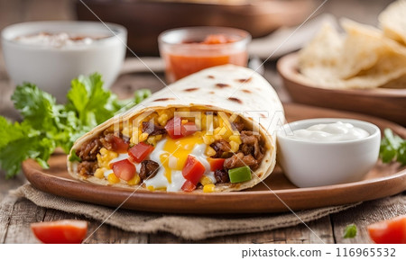 Savory breakfast burrito filled with scrambled eggs, cheese and salsa wrapped in a warm tortilla. Perfect for a quick and delicious morning meal. AI Generated 116965532