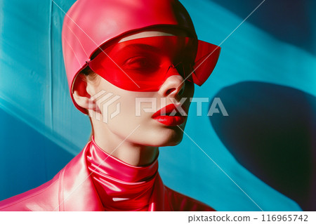 A woman in a pink outfit with red sunglasses and a pink hat 116965742