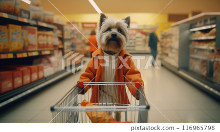 A small dog in a sweater and coat pushing a shopping cart 116965798