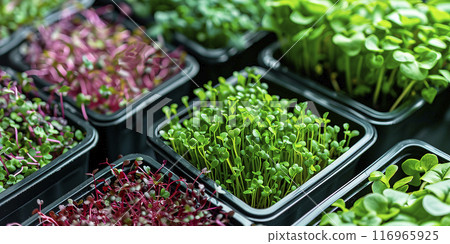 Microgreens in plastic trays. Young leaves. Microgreens germination. Ecologically clean product. 116965925