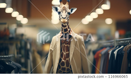 A giraffe wearing a coat and standing in a store 116966065