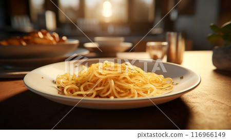 A plate of spaghetti on a wooden table A plate of spaghetti on a wooden table 116966149