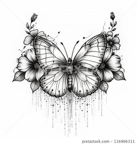 單色蝴蝶和花朵 單色蝴蝶和花朵 116966311